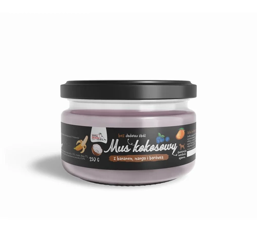 Kókusz mousse kutyáknak, banánnal, mangóval és áfonyával 150g
