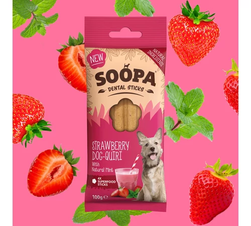 SOOPA Dental Sticks - Strawberry Dog-Quiri kókusztejjel, eperrel és mentával 100 g